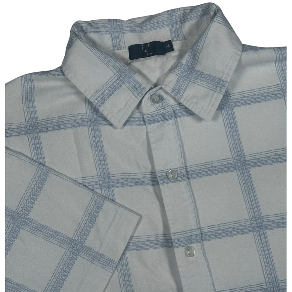 F&F Short Sleeve Button Up Camp Shirt Medium Casual Plaid‎ Blue White Preppy